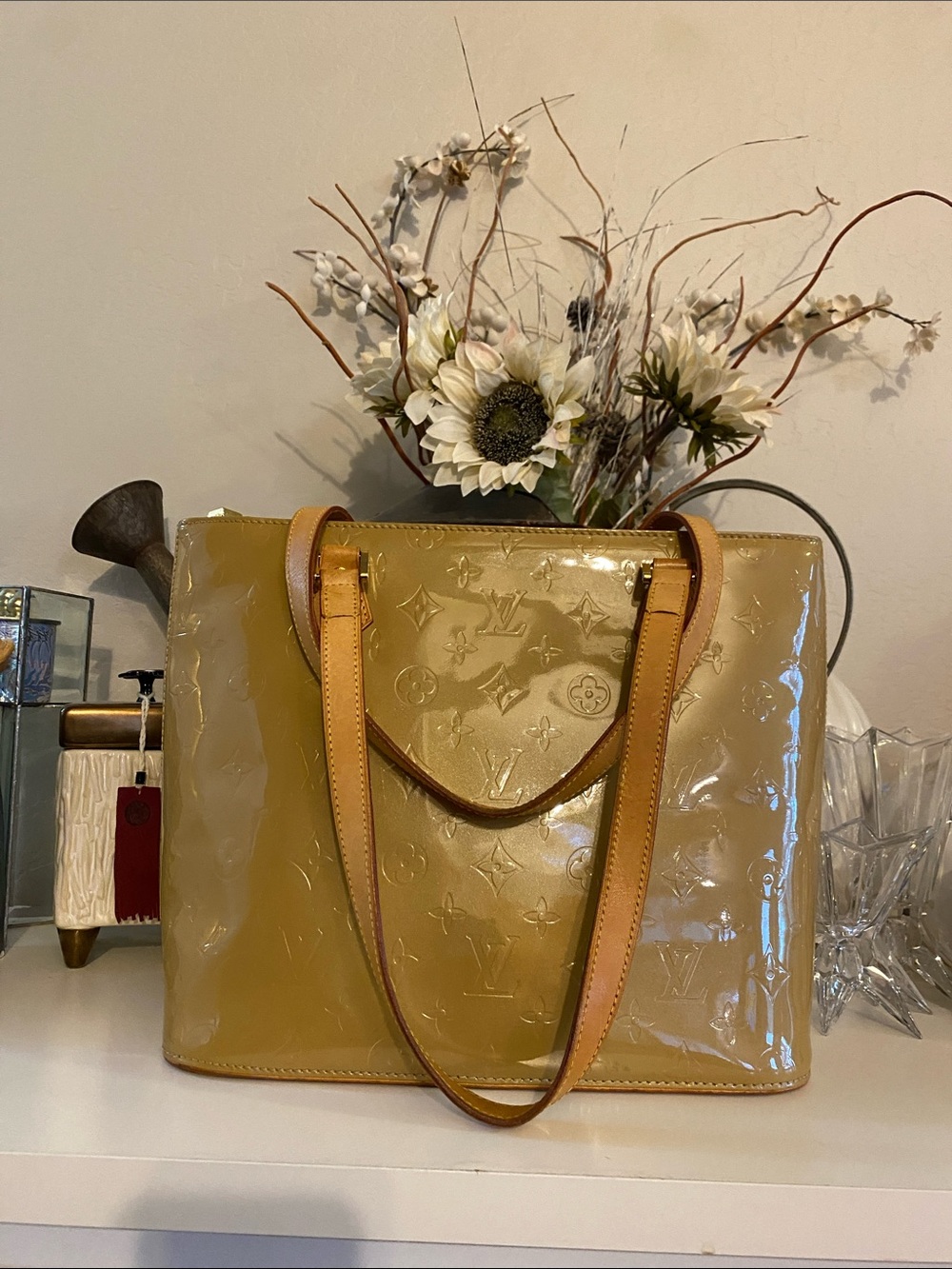 LV Monogram Houston Vernis Yellow Gold Patent Tote Bag